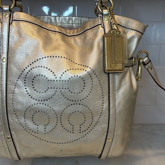 Coach Bag Purse Handbag Leather Audrey Metallic Perforated Convertible Lg Tote - Picture 4 of 16
